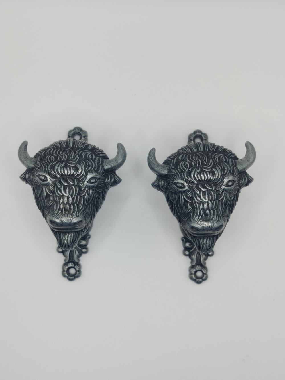 Cast Iron Silver Antique Finish Buffalo Head Wall Hangers / Hardware Set of 2